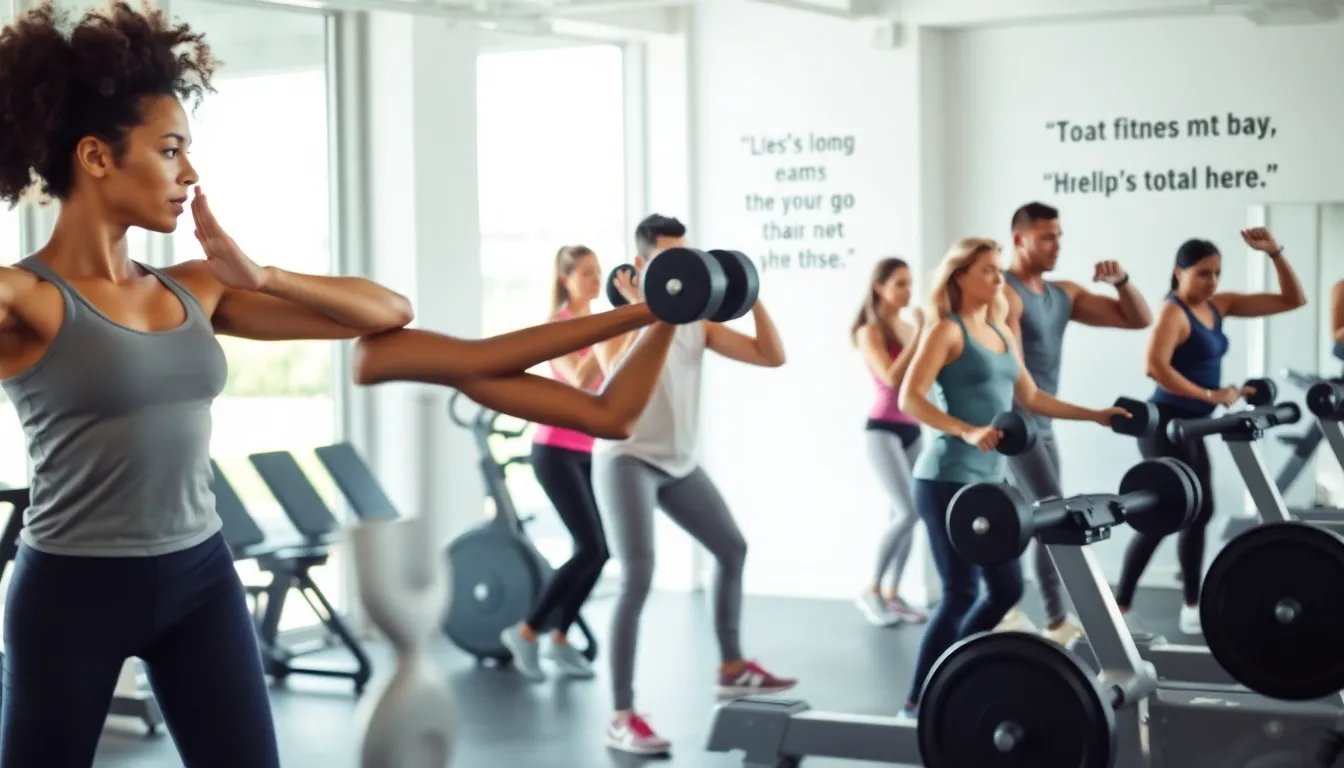 diverse group exercising in a modern gym.