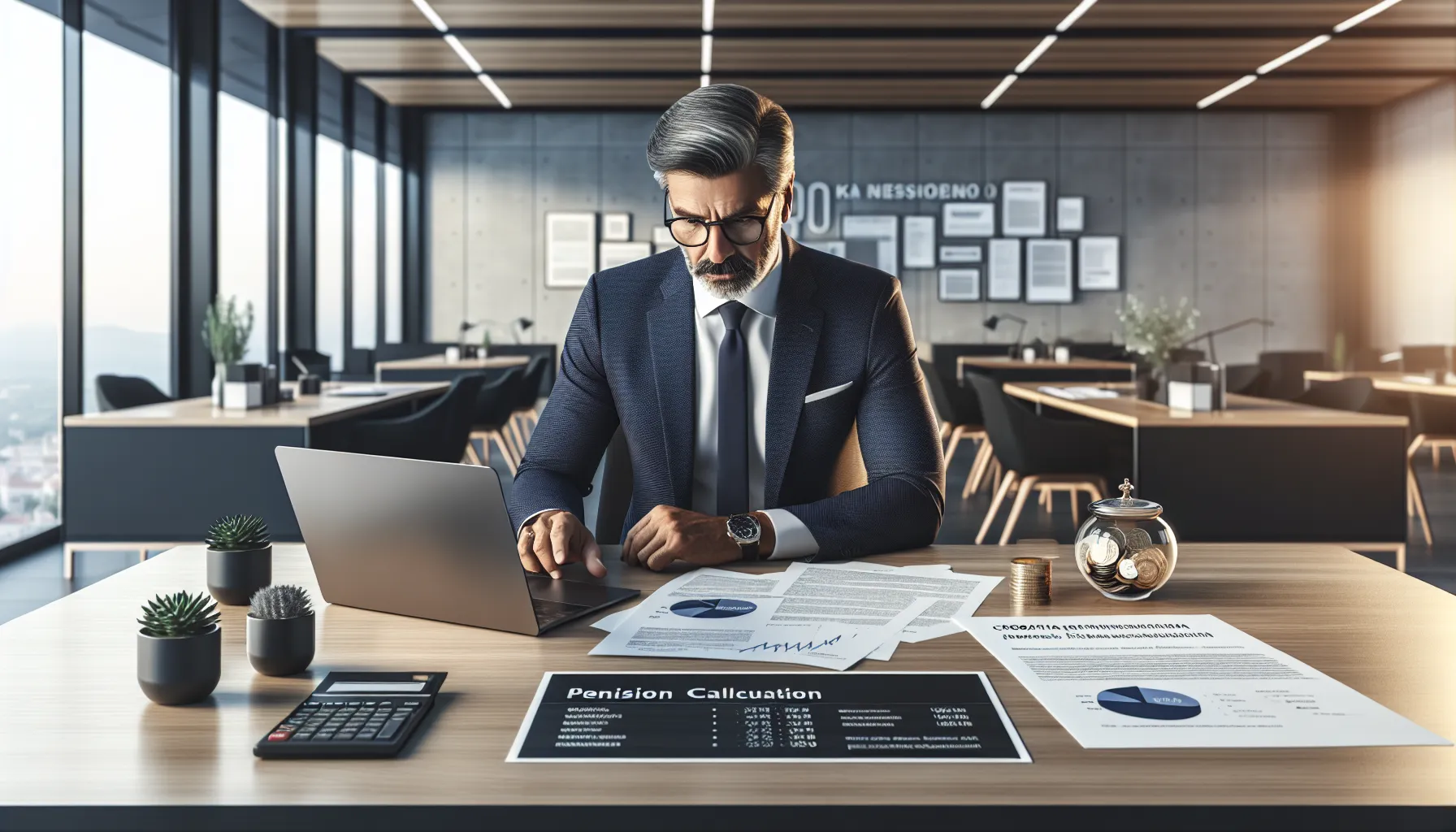 Professional reviewing Croatian retirement documents and pension calculations at modern desk