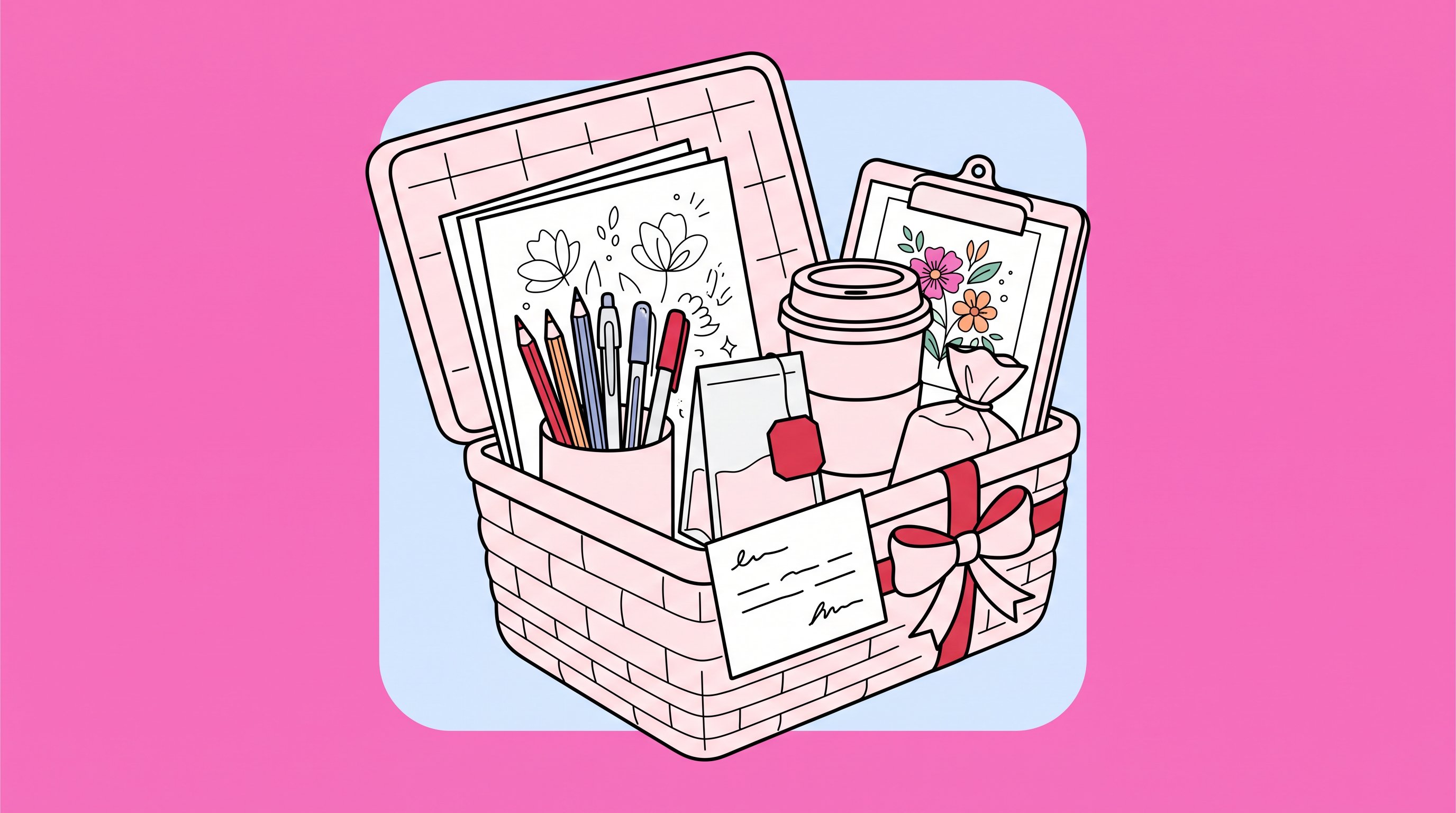 A DIY relaxation basket with coloring pages, art supplies, tea, and a personal card.