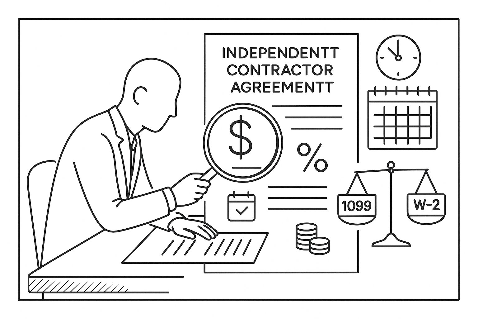 Independent Contractor Agreement Review Attorney 2 Attorney reviewing contractor agreement highlighting pay, timelines, and classification risk.