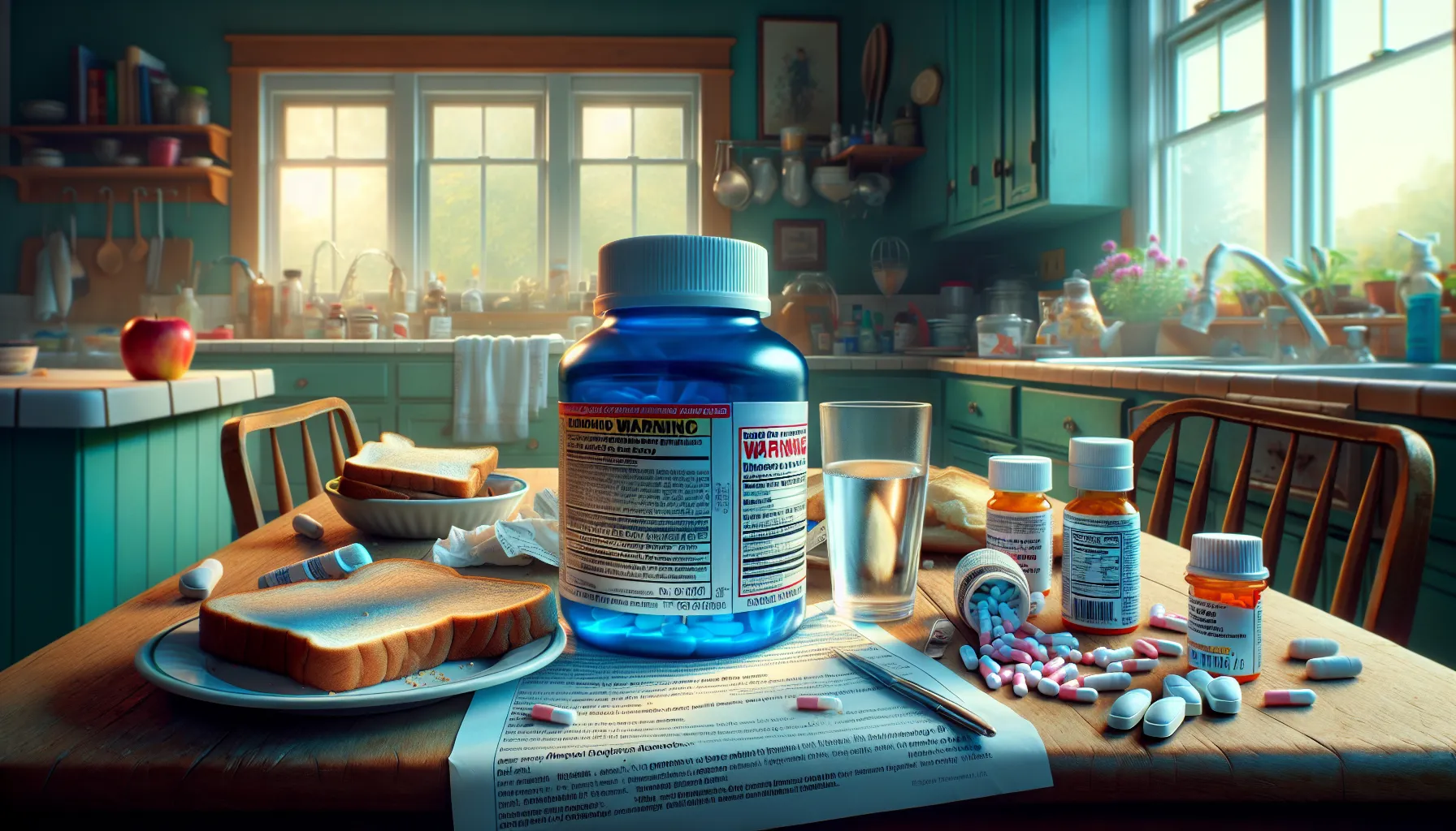 A kitchen scene with ibuprofen and acetaminophen bottles on a table.