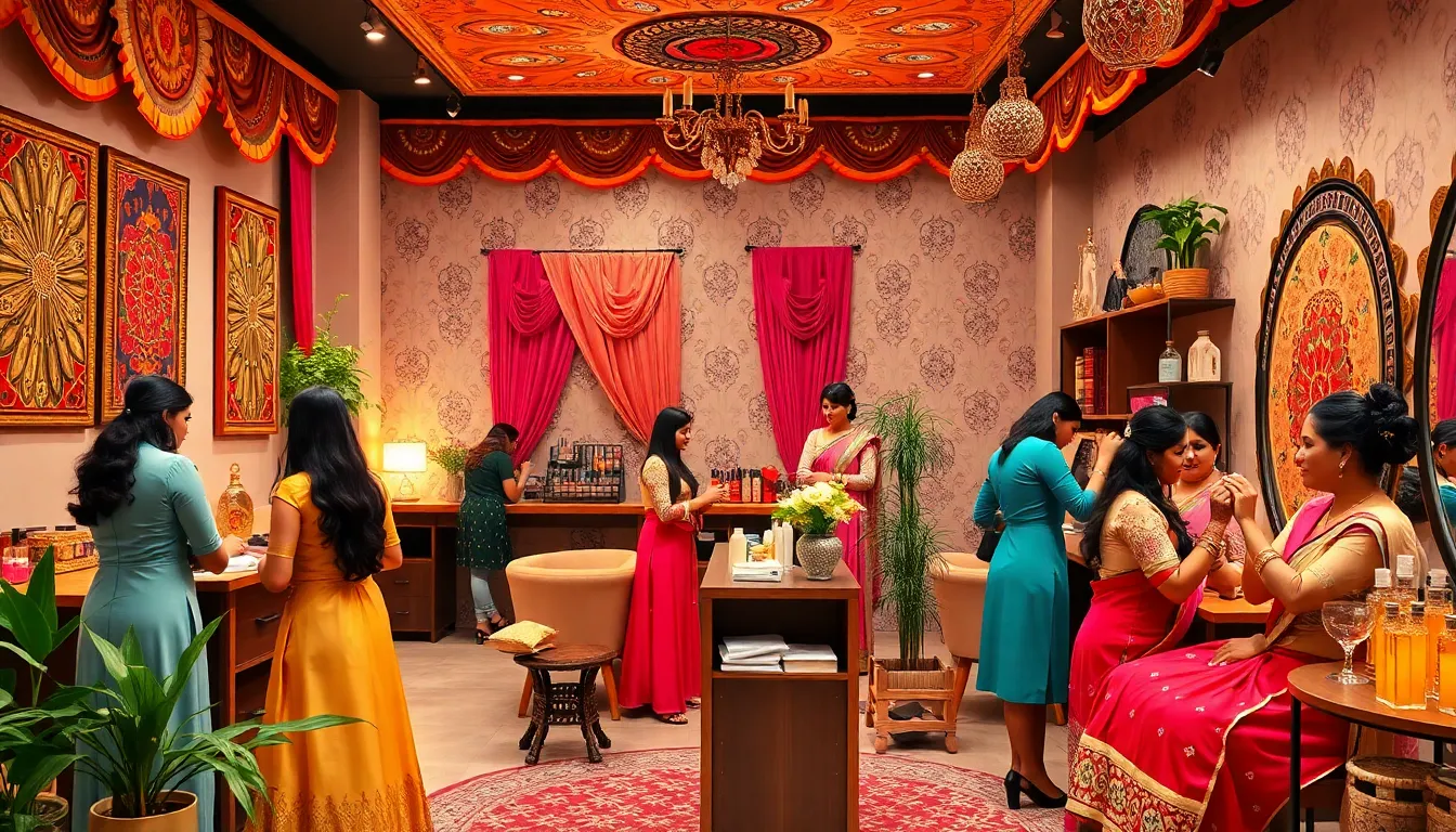Indian beauty parlour interior with diverse beauticians and a welcoming atmosphere.