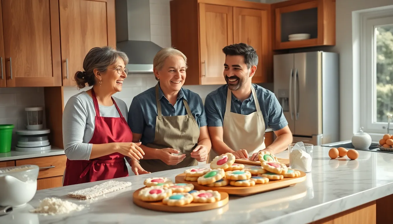 diverse bakers joyfully creating cookies in a warm kitchen.