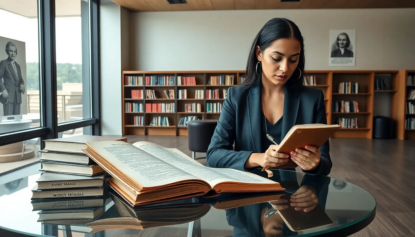 a diverse professional reading Swift's A Modest Proposal in a modern library.
