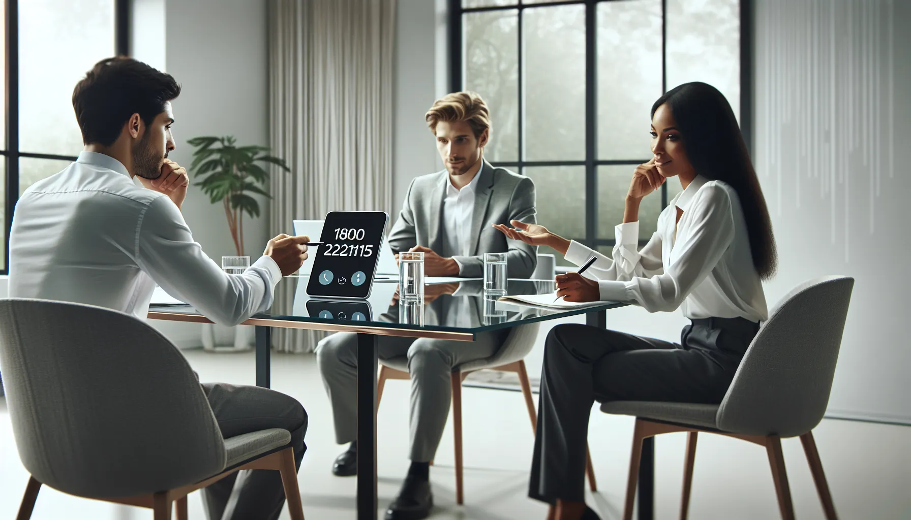 professionals discussing a phone call in a modern office.