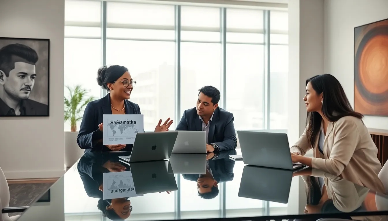 diverse professionals discussing the concept of Sa5tamatka in a modern office.