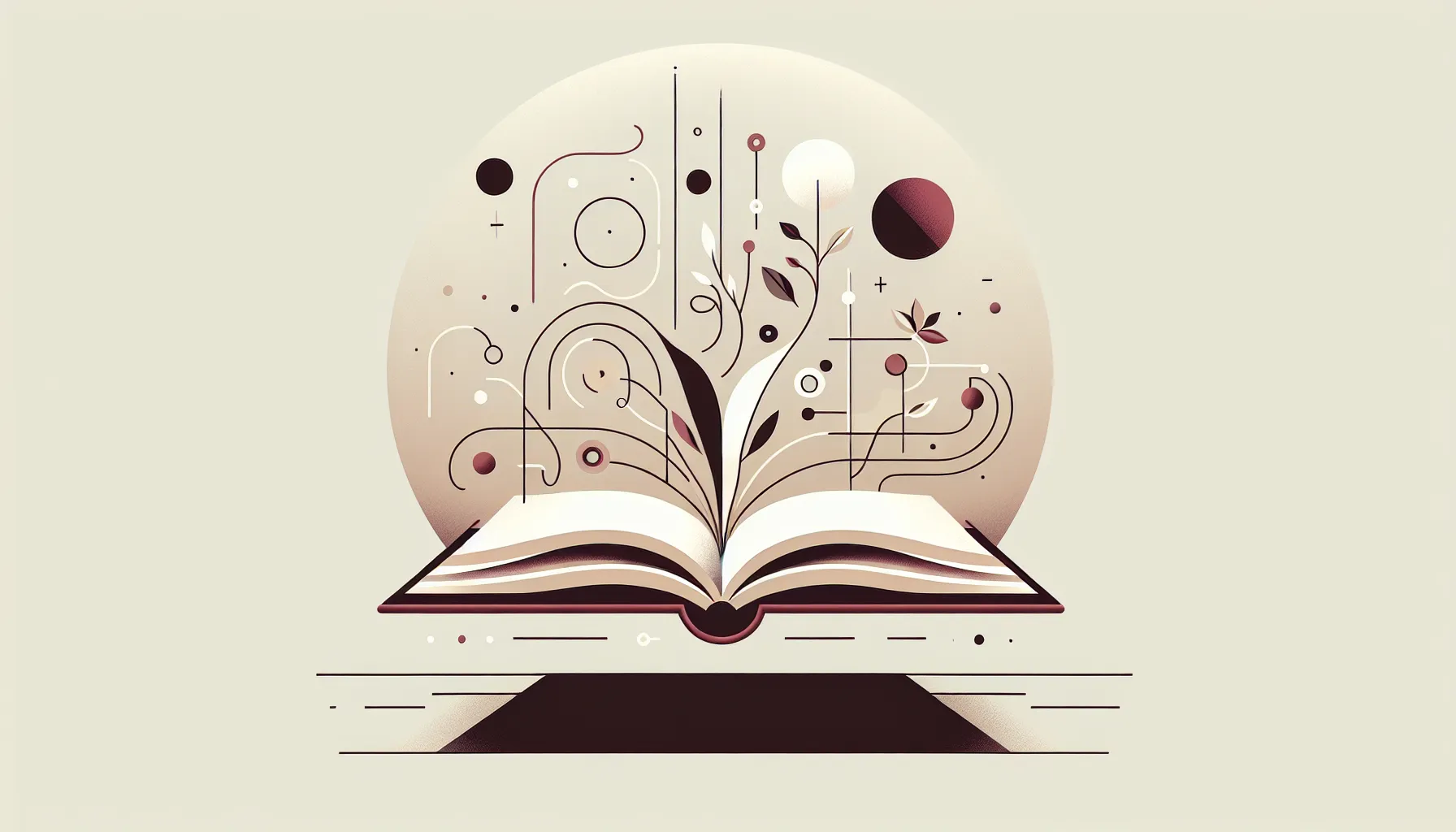 An open book with abstract literary symbols on a clean gradient background.