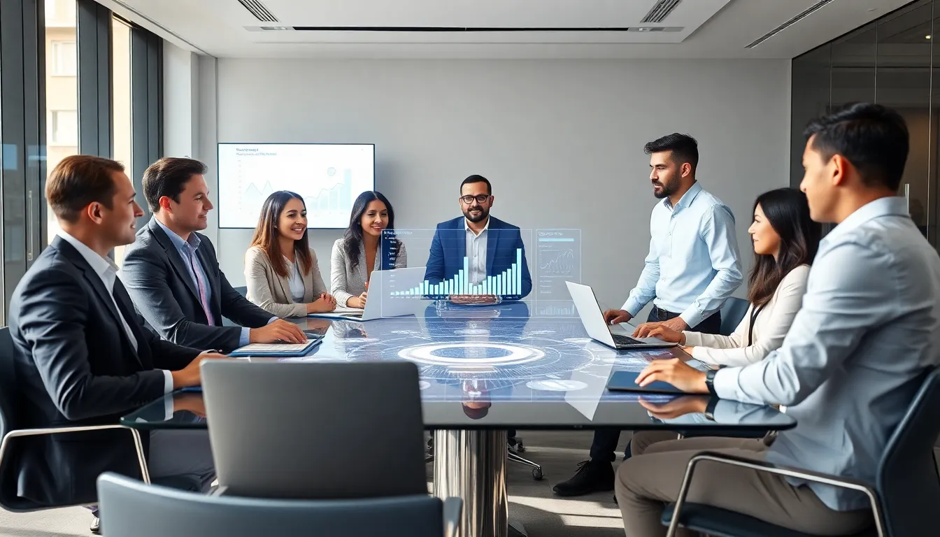 team discussing innovative solutions in a modern workspace.