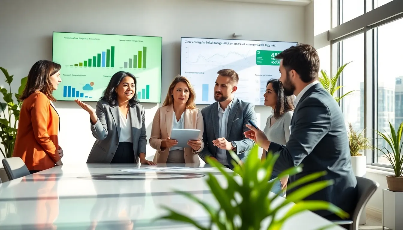 a diverse team discussing innovative energy solutions in a bright office.