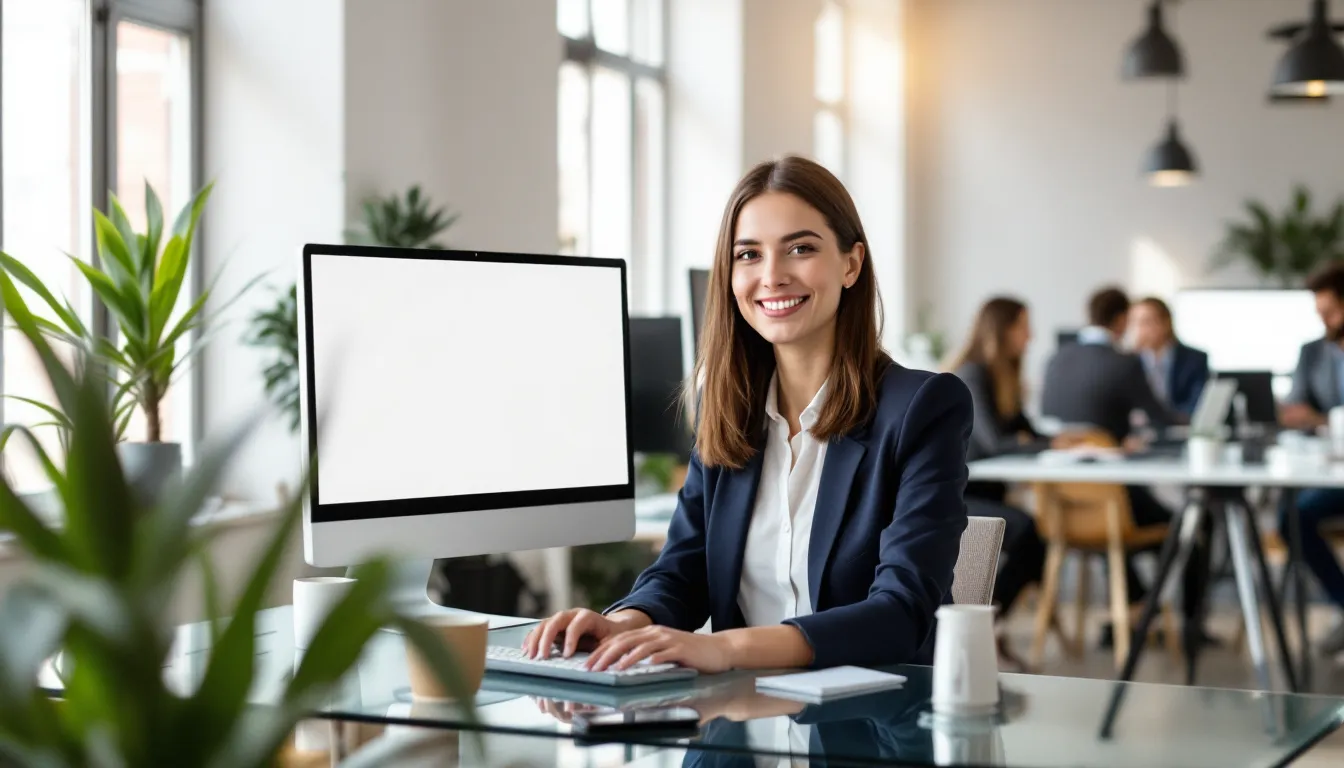 Business professional reviewing WooCommerce dashboard on multiple monitors in modern office