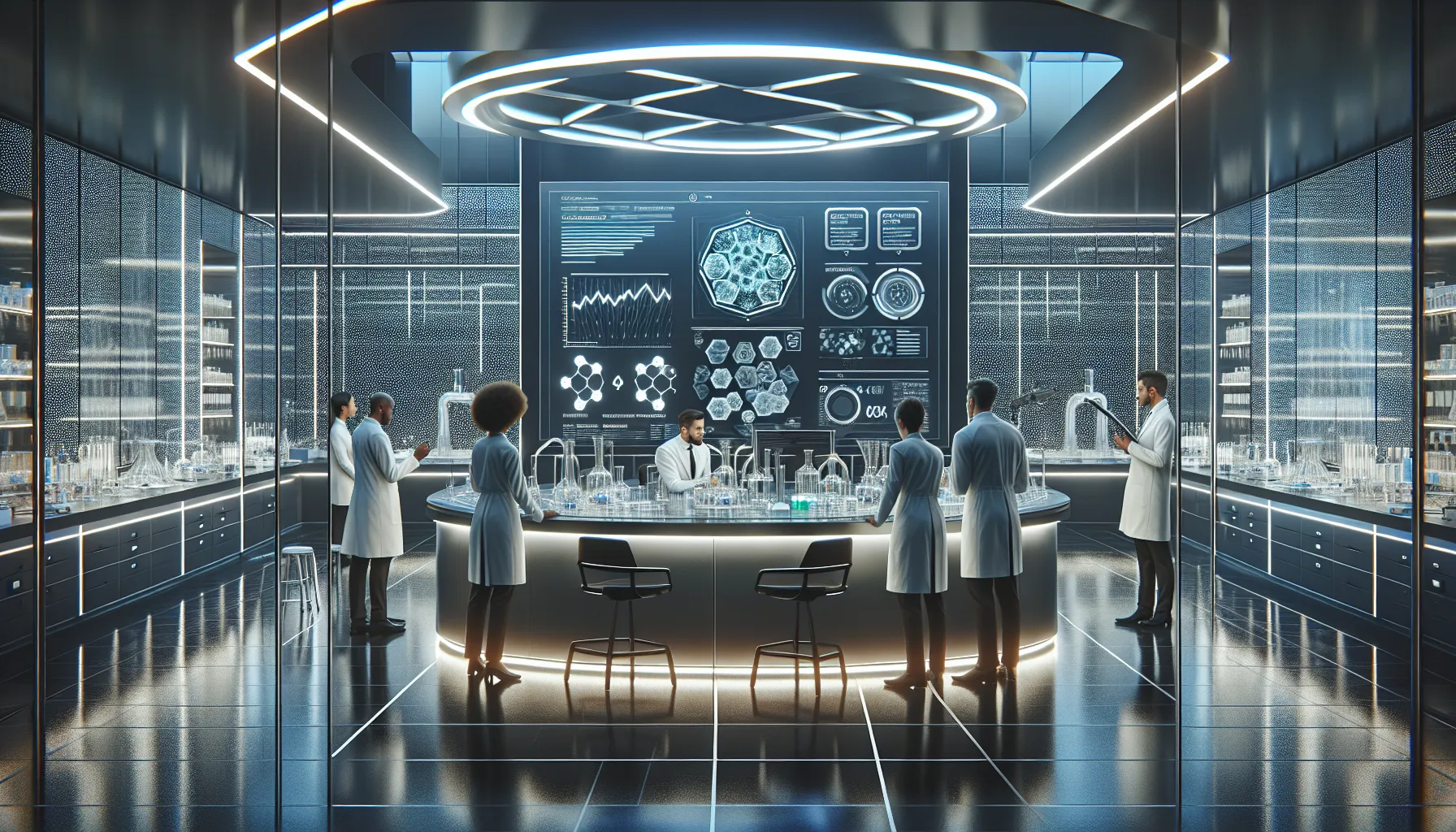 scientists discussing hydpatan in a modern lab setting.