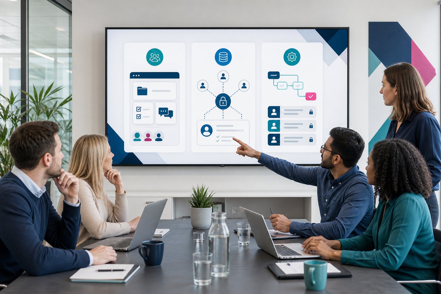 Team comparing client portal software options in a modern office.