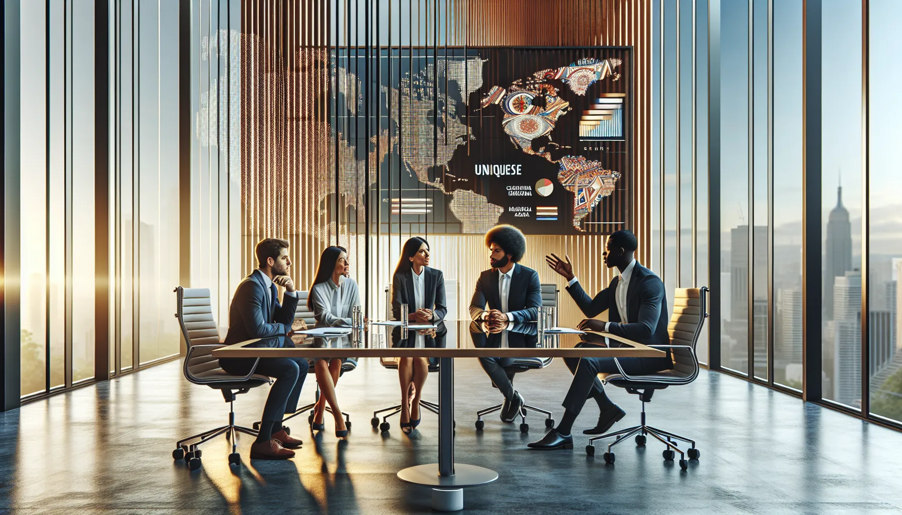 diverse professionals discussing cultural concepts in a modern conference room.