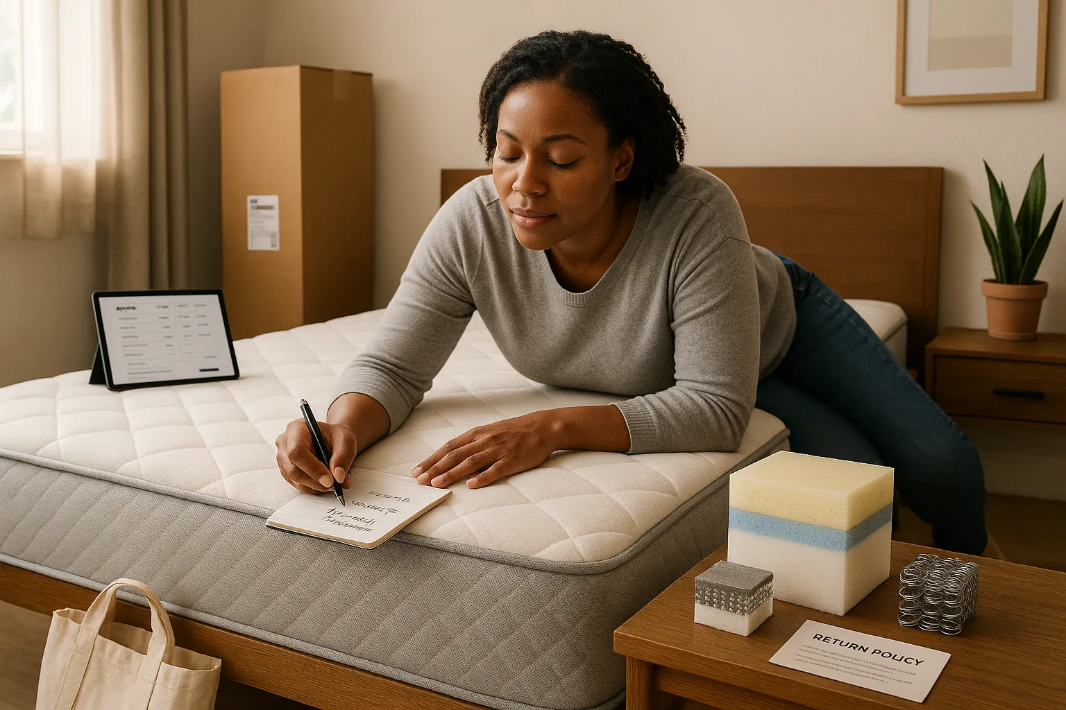 Woman testing a new mattress with checklist and foam sample on bed.