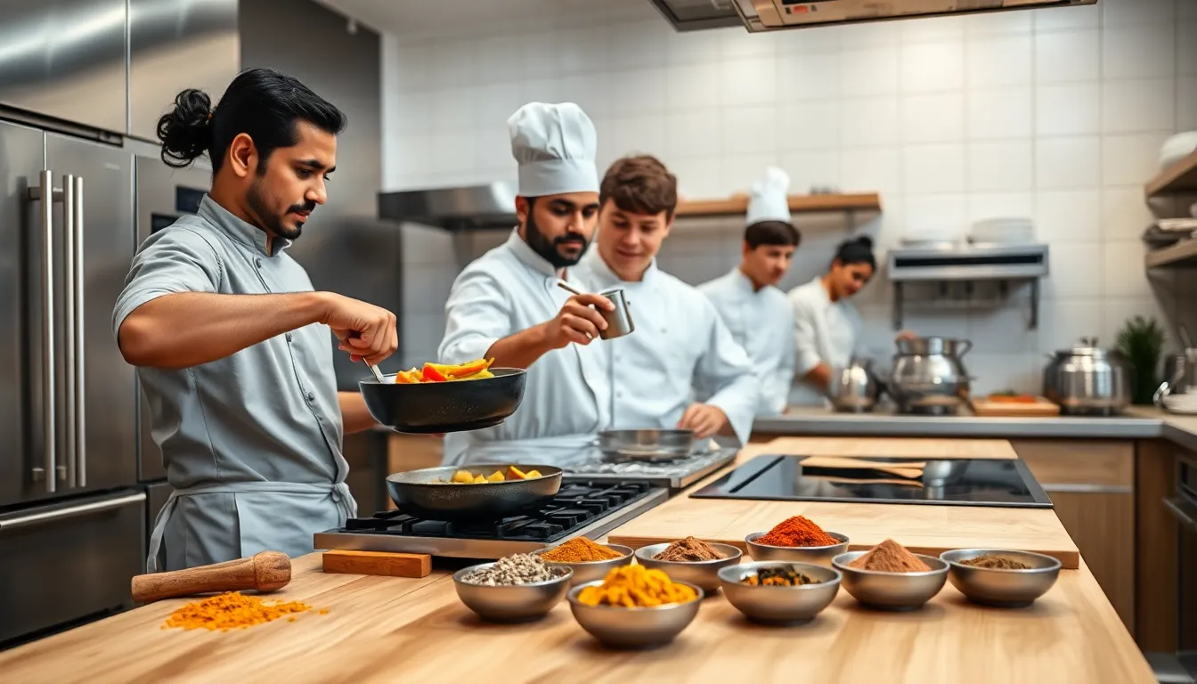 diverse chefs demonstrating Indian cooking techniques in a modern kitchen.