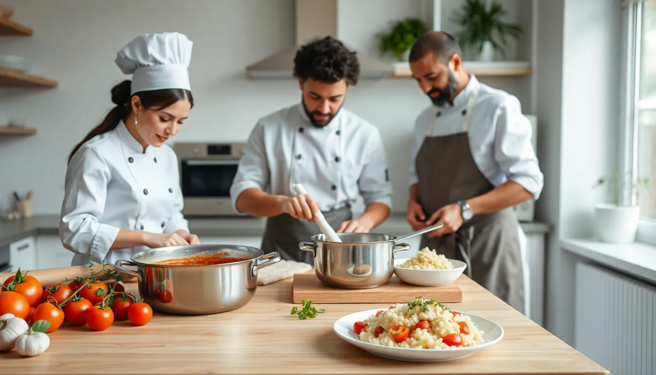 chefs preparing traditional Italian dishes in a modern kitchen.