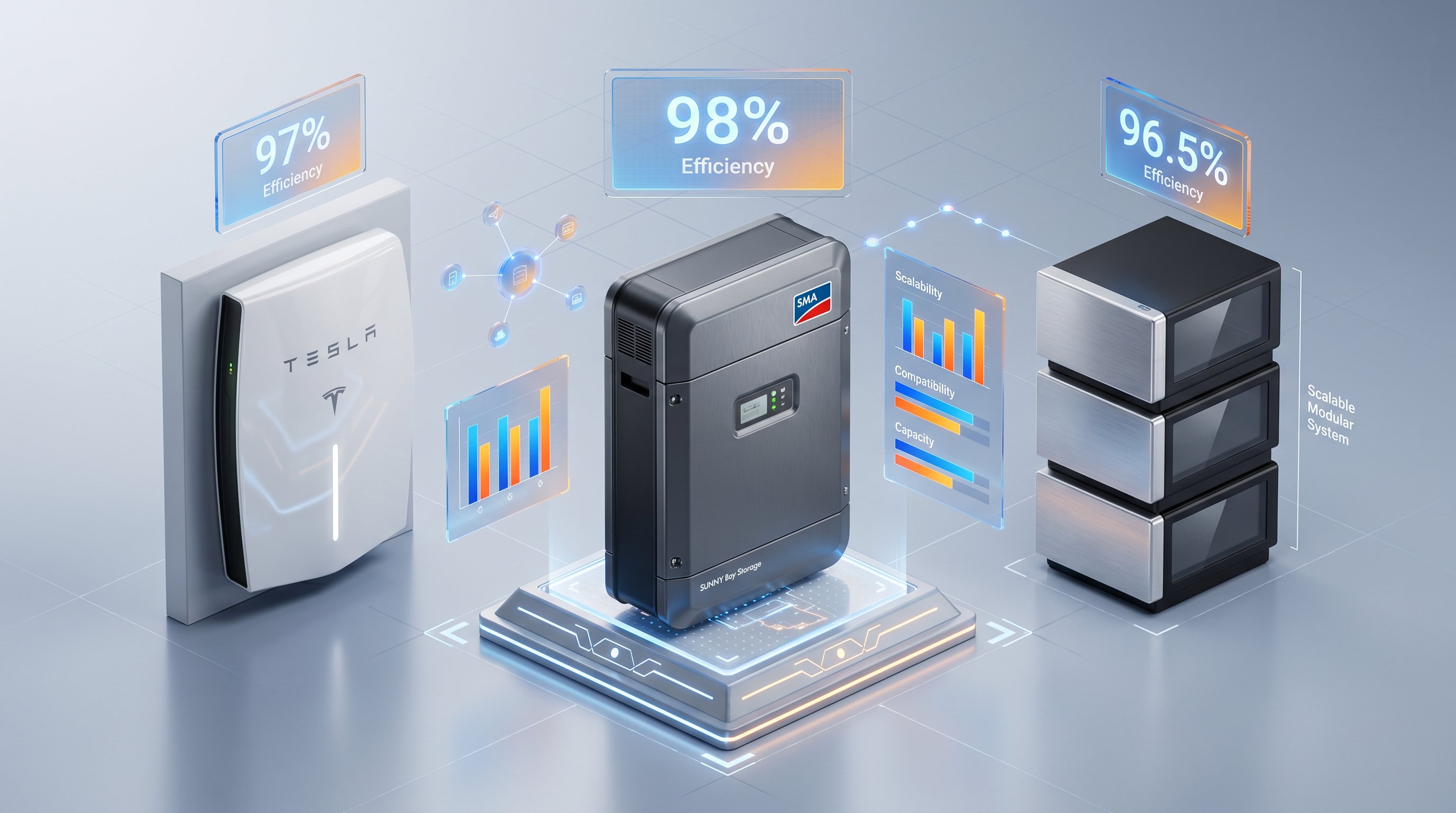 3D render comparing SMA battery with alternative energy storage systems and performance metrics.