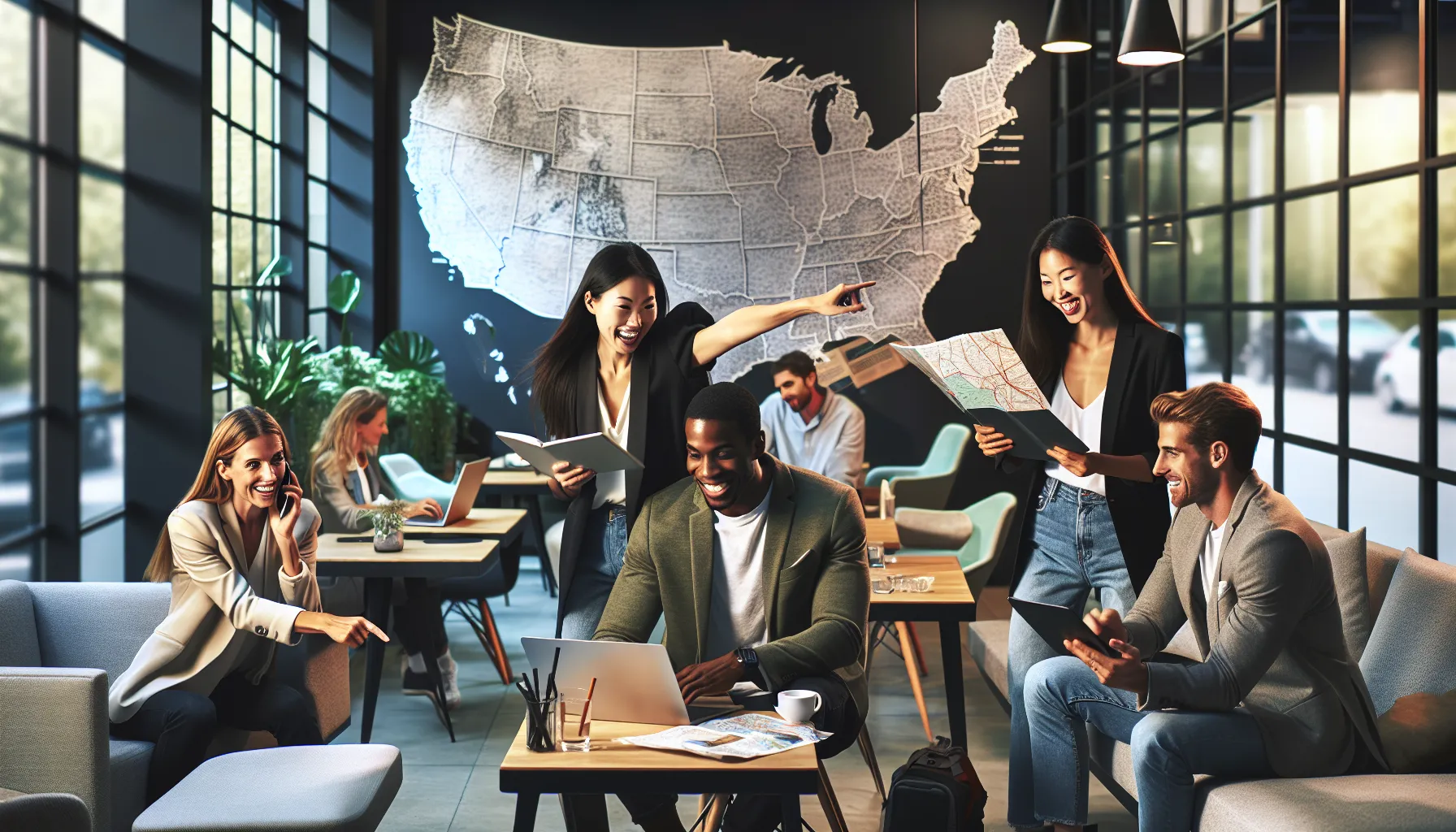 diverse group of travelers collaborating in a modern workspace.