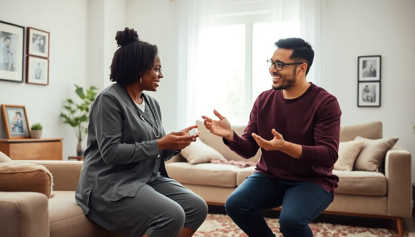 caregivers assisting an elderly person in a cozy living room.