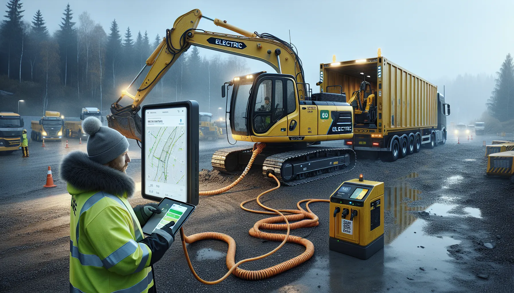 Hva er fremtiden for anleggsmaskiner? Spådommer for byggebransjen 2 Norwegian operator checks a tablet beside an electric excavator charging on-site.