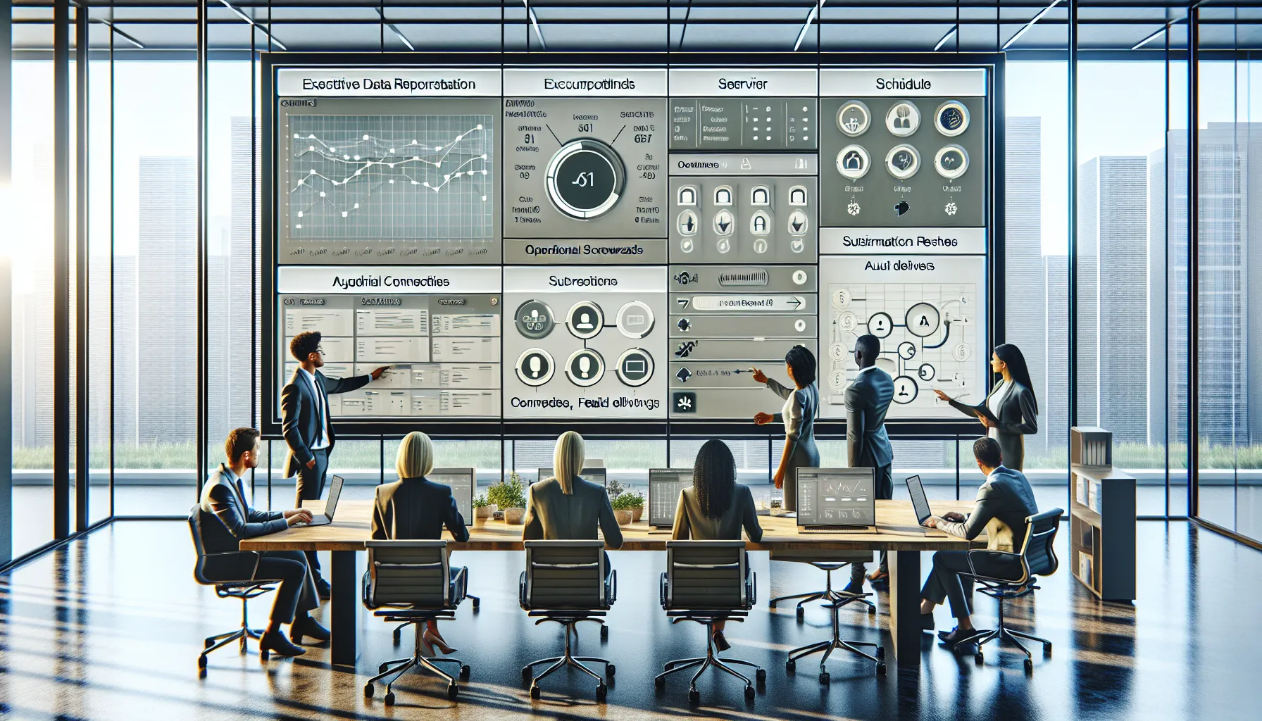 Diverse analytics team reviewing automated Tableau reporting workflows on dashboards in a modern office.