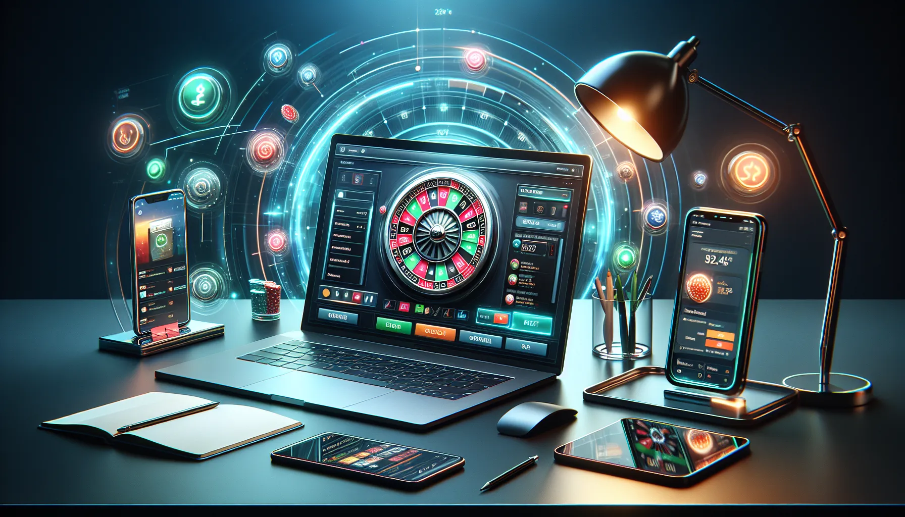 A vibrant workspace with devices displaying casino promotion interfaces.