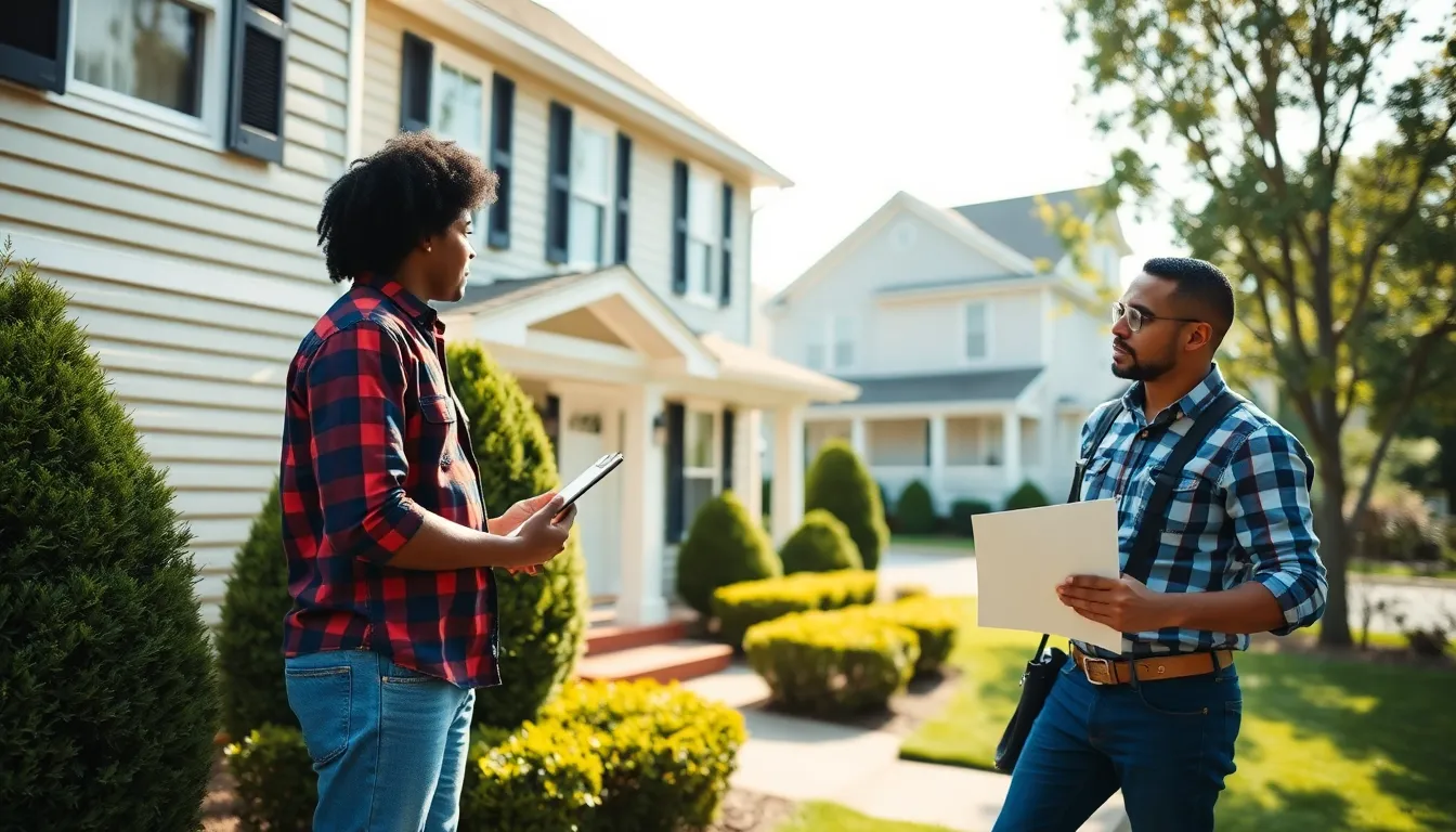 homeowner inspecting exterior maintenance of a well-kept house in a neighborhood.