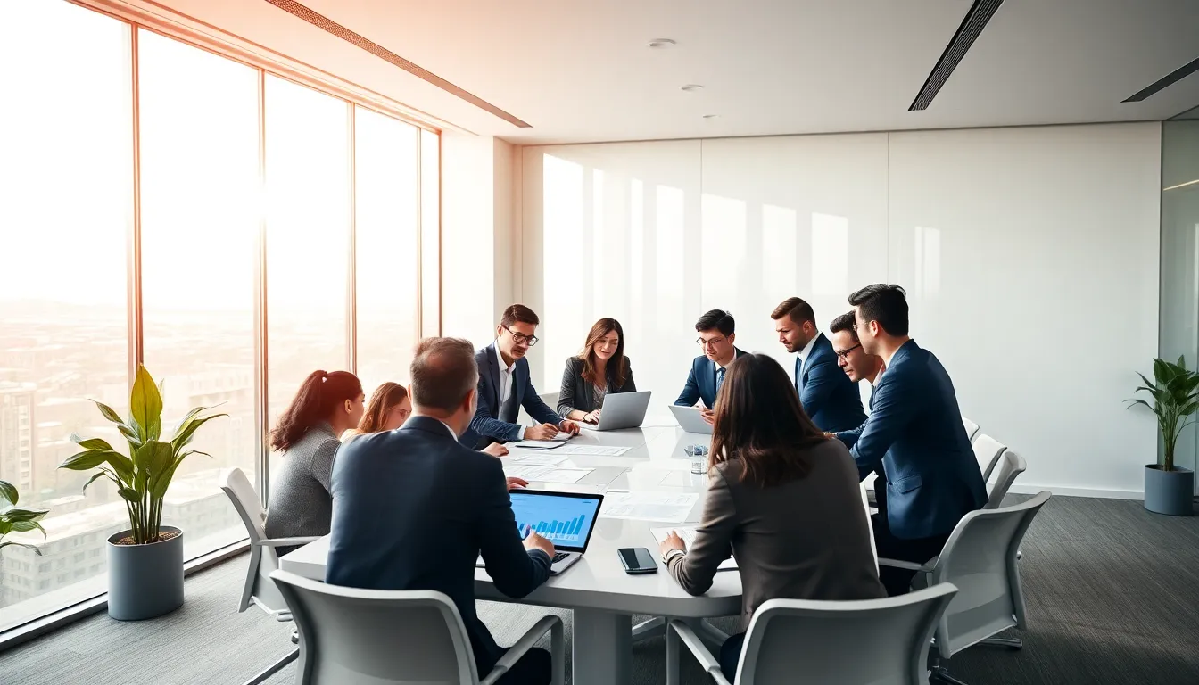 diverse team collaborating in a modern office setting.