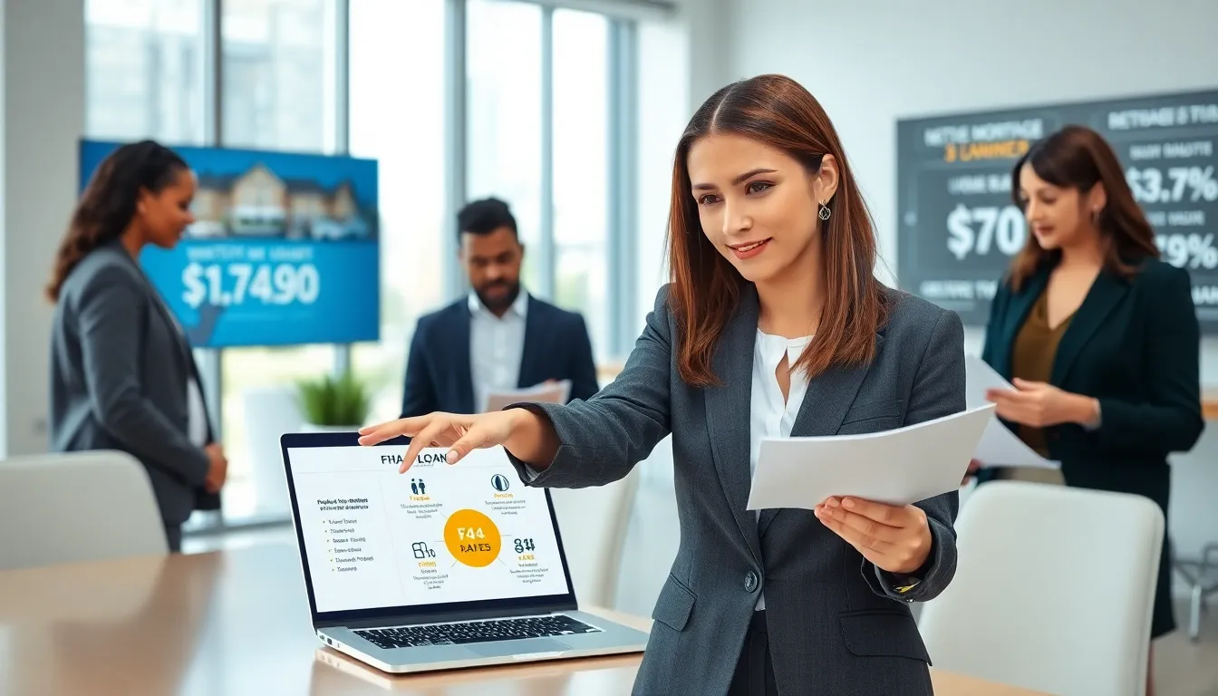 diverse professionals discussing FHA loans in a modern office.