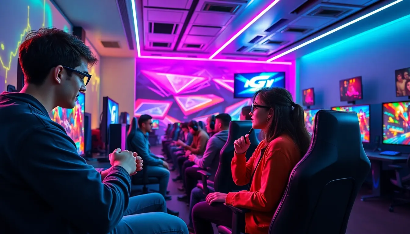 diverse gamers enjoying a vibrant new game update in a modern setting.