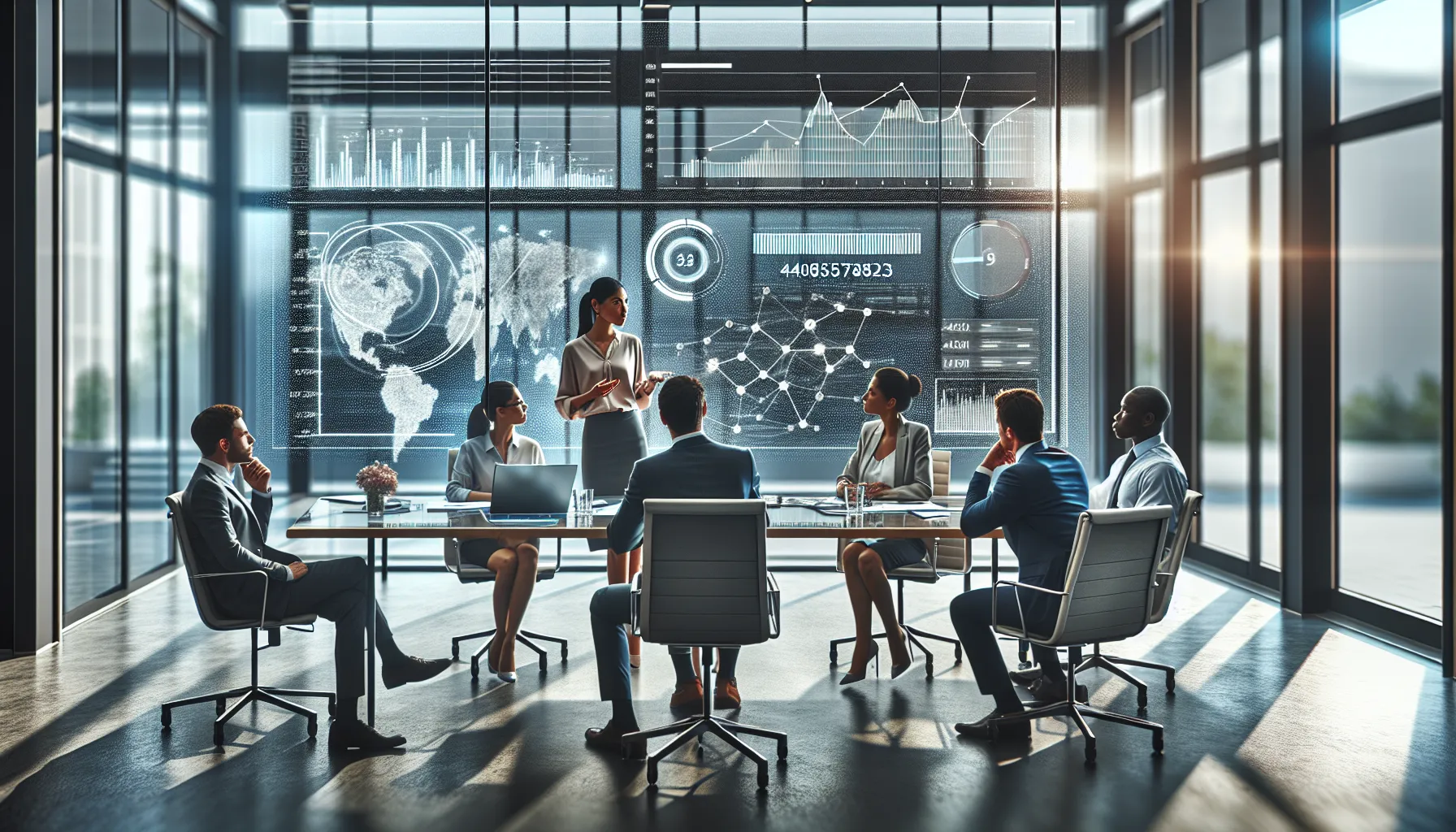 professionals collaborating around a digital dashboard in a modern office.