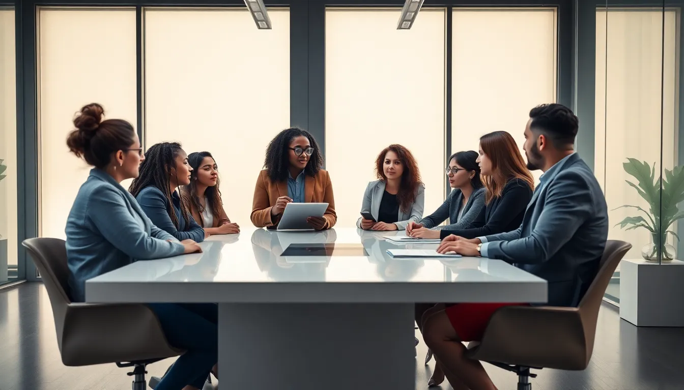 diverse team discussing decentralization in a modern office.