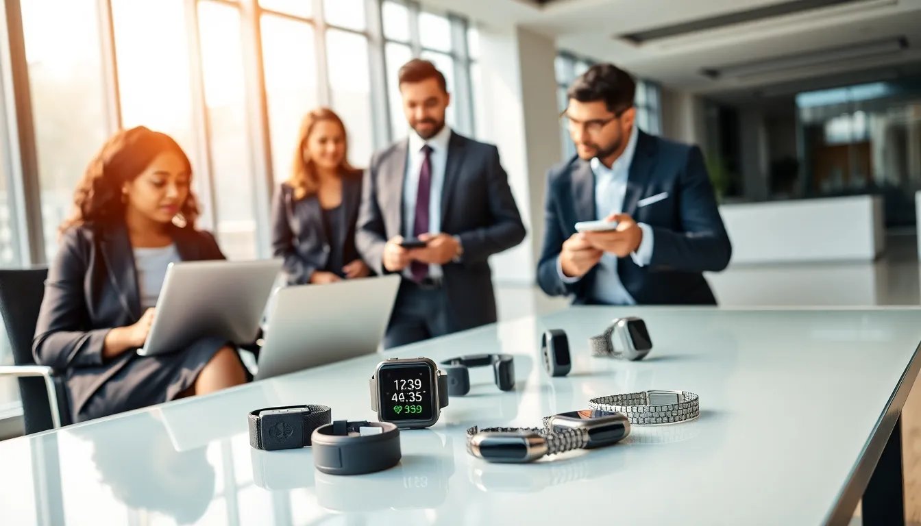 diverse professionals discussing wearables insurance with smart devices.