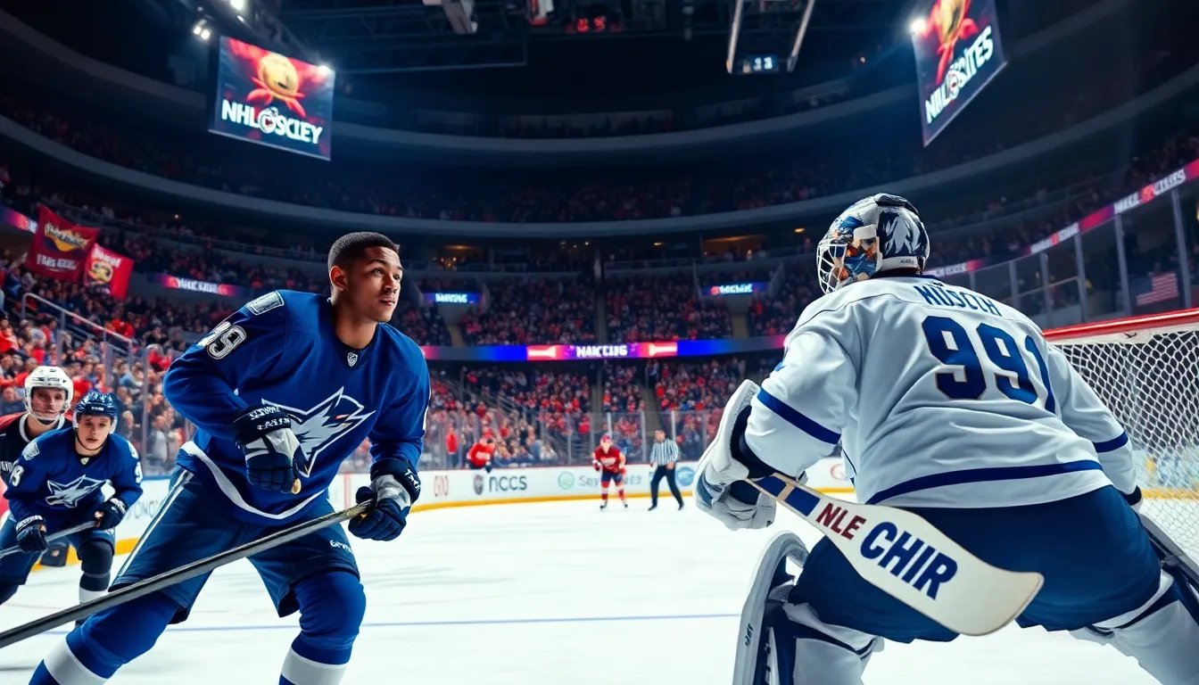 players battling on ice during an exciting hockey match in a packed stadium.