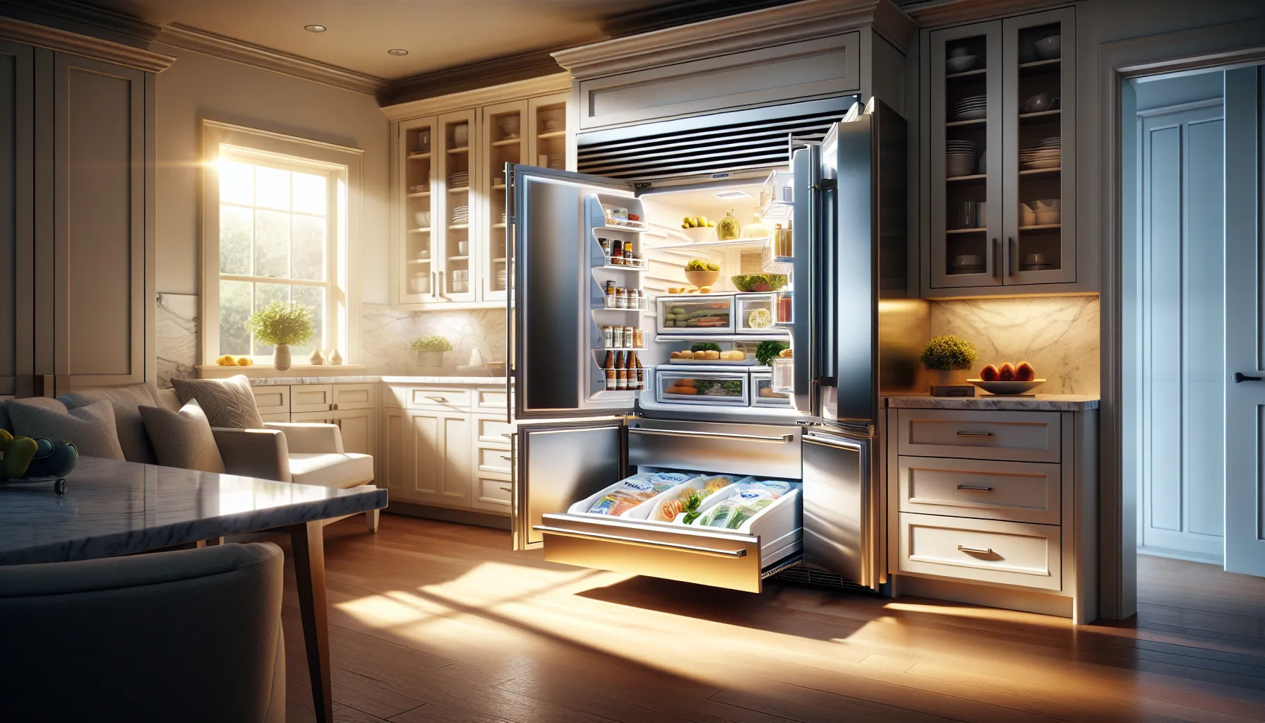 A modern kitchen with a sleek French door refrigerator.