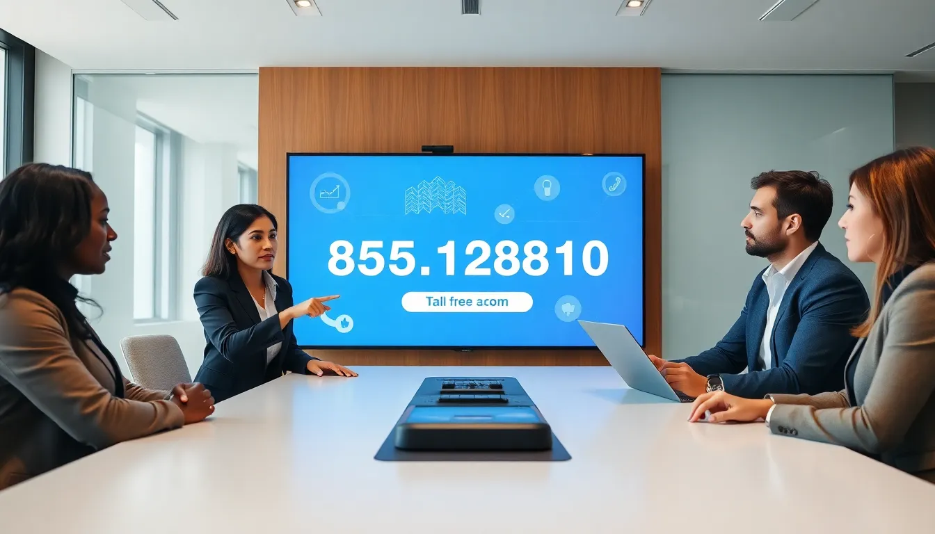 diverse team discussing a toll-free number in a modern office.
