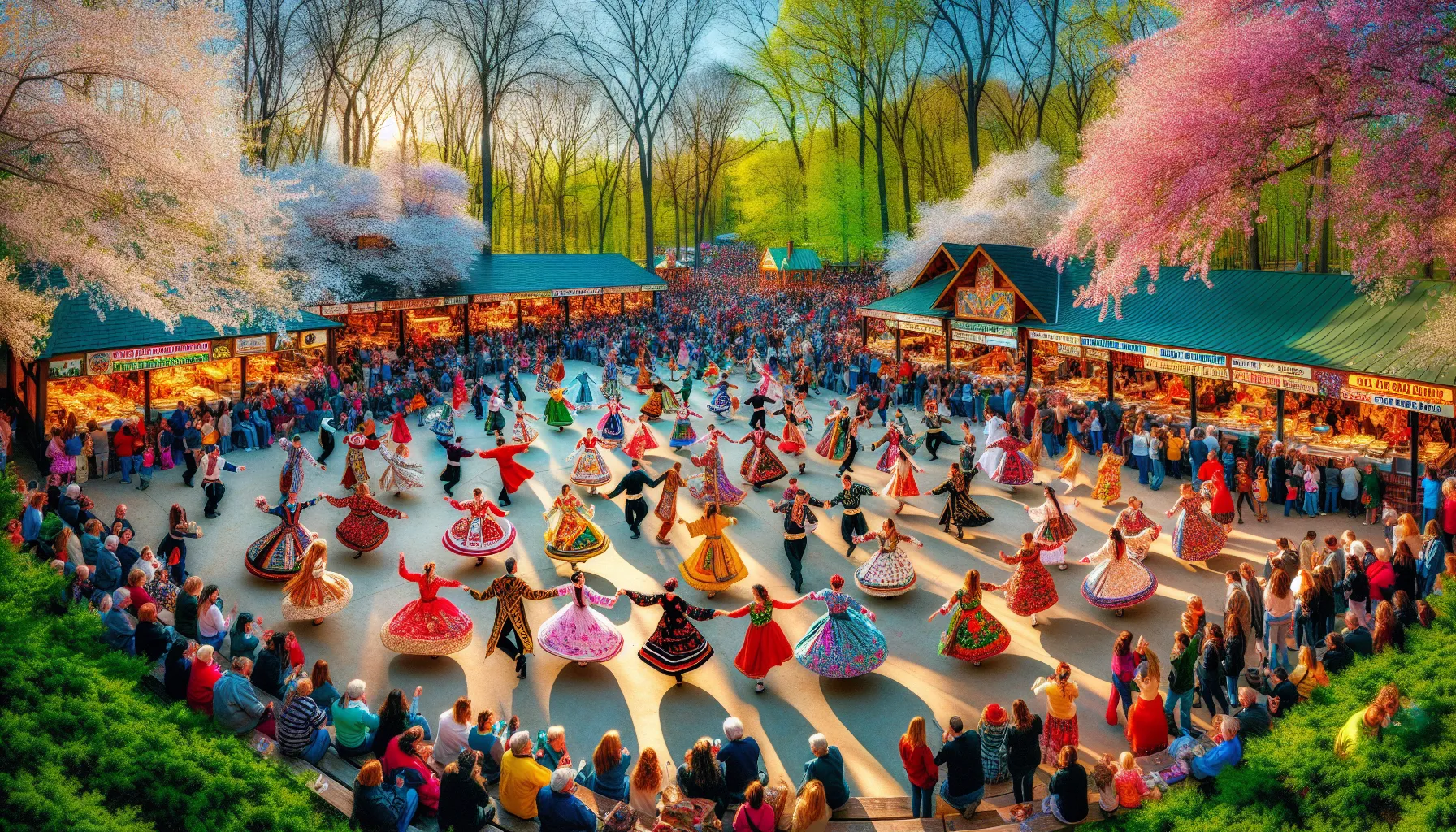 diverse group celebrating Shropadis with music and dance in a spring park.