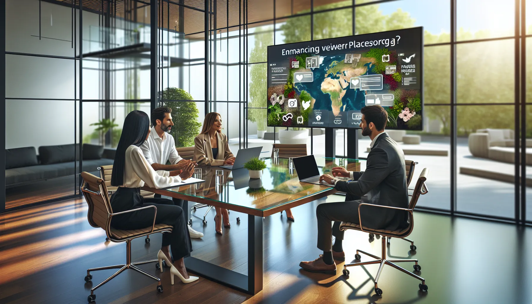 Diverse team discussing social media strategies in a bright office.