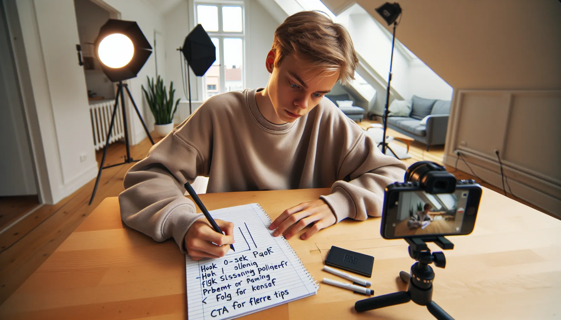 Young creator in a norwegian apartment planning a structured tiktok and reels video.