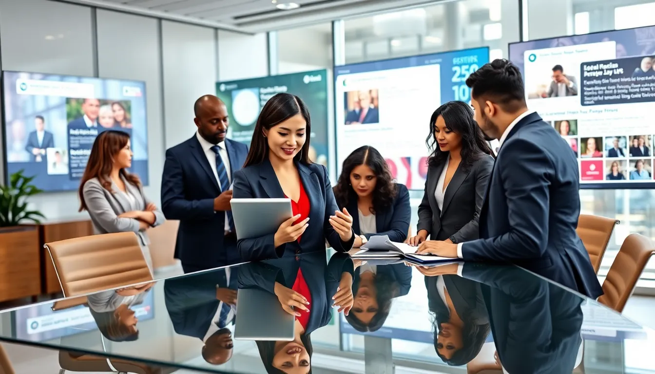 diverse legal team strategizing social media marketing in a modern office.