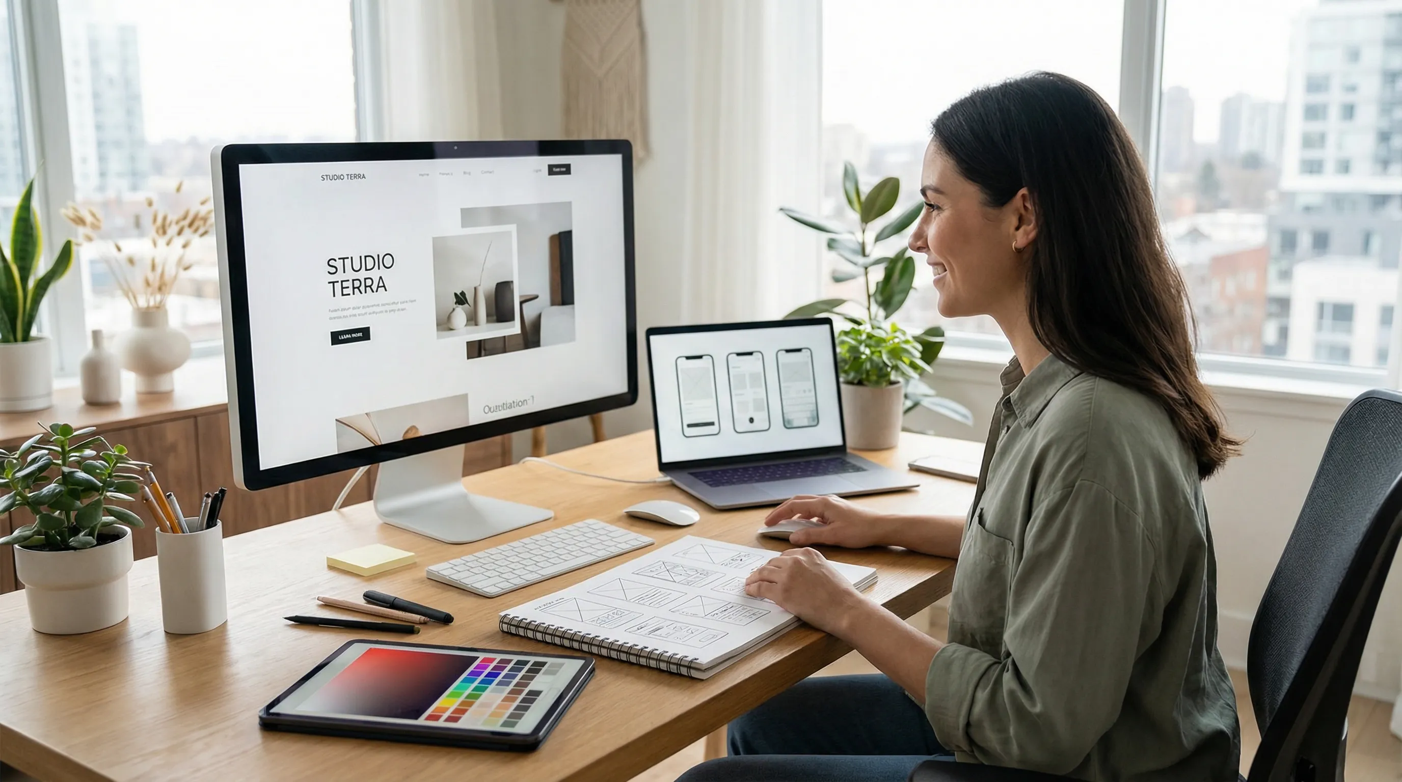 Modern studio scene with a web designer working on responsive website layouts across a desktop monitor, laptop, and tablet, in soft natural light with minimal decor and a city view in the background.
