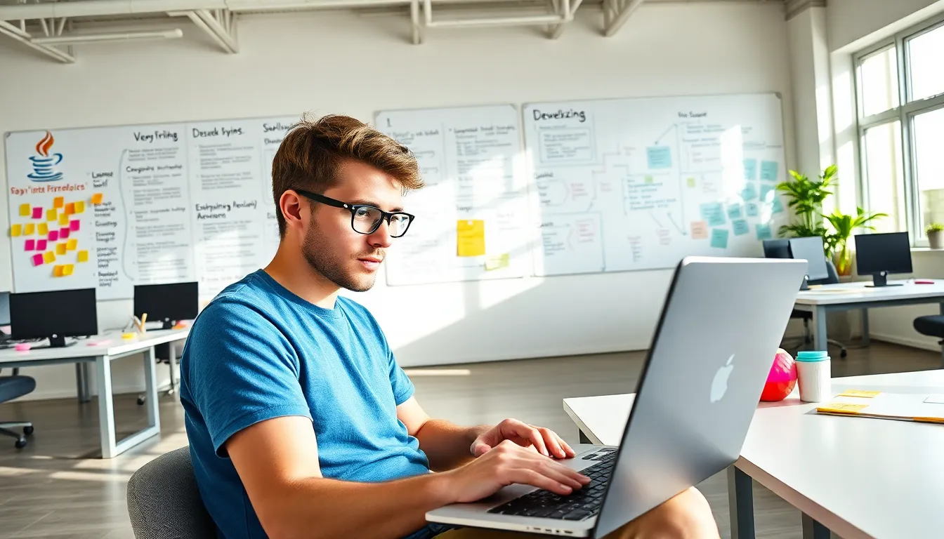 a developer coding in a vibrant office space focused on web development.