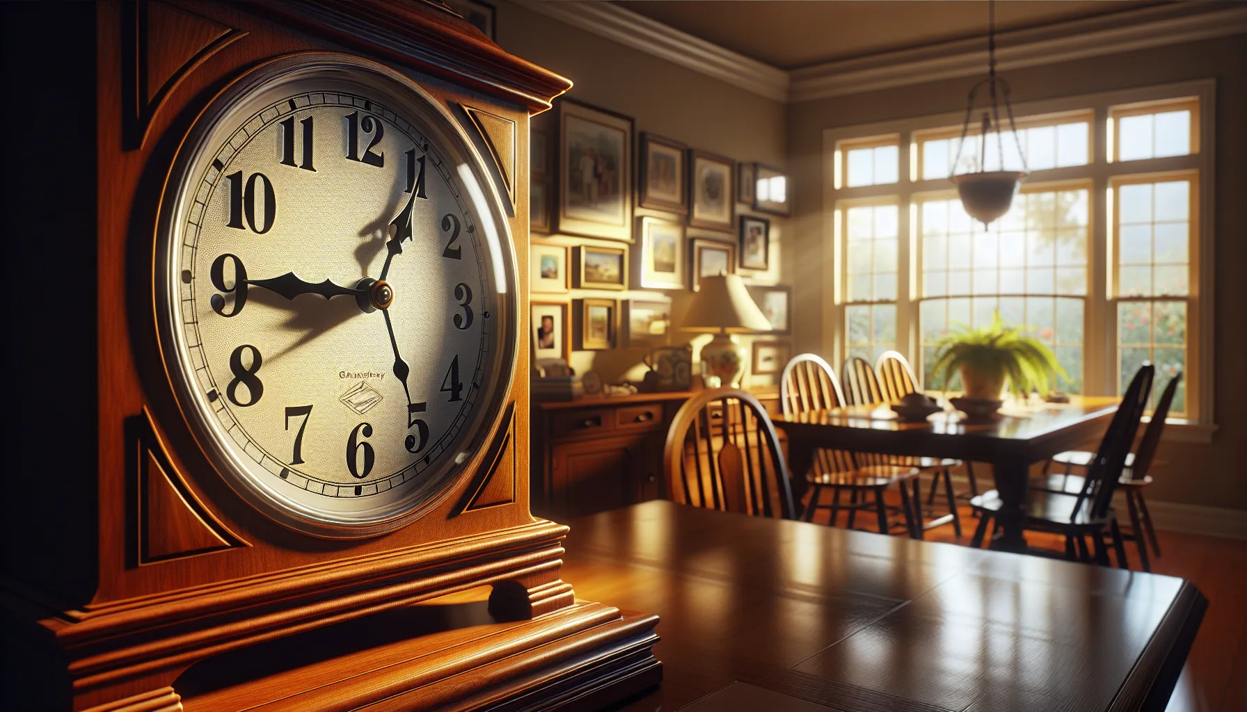 A traditional analog wall clock showing 3 o'clock in a cozy dining room.