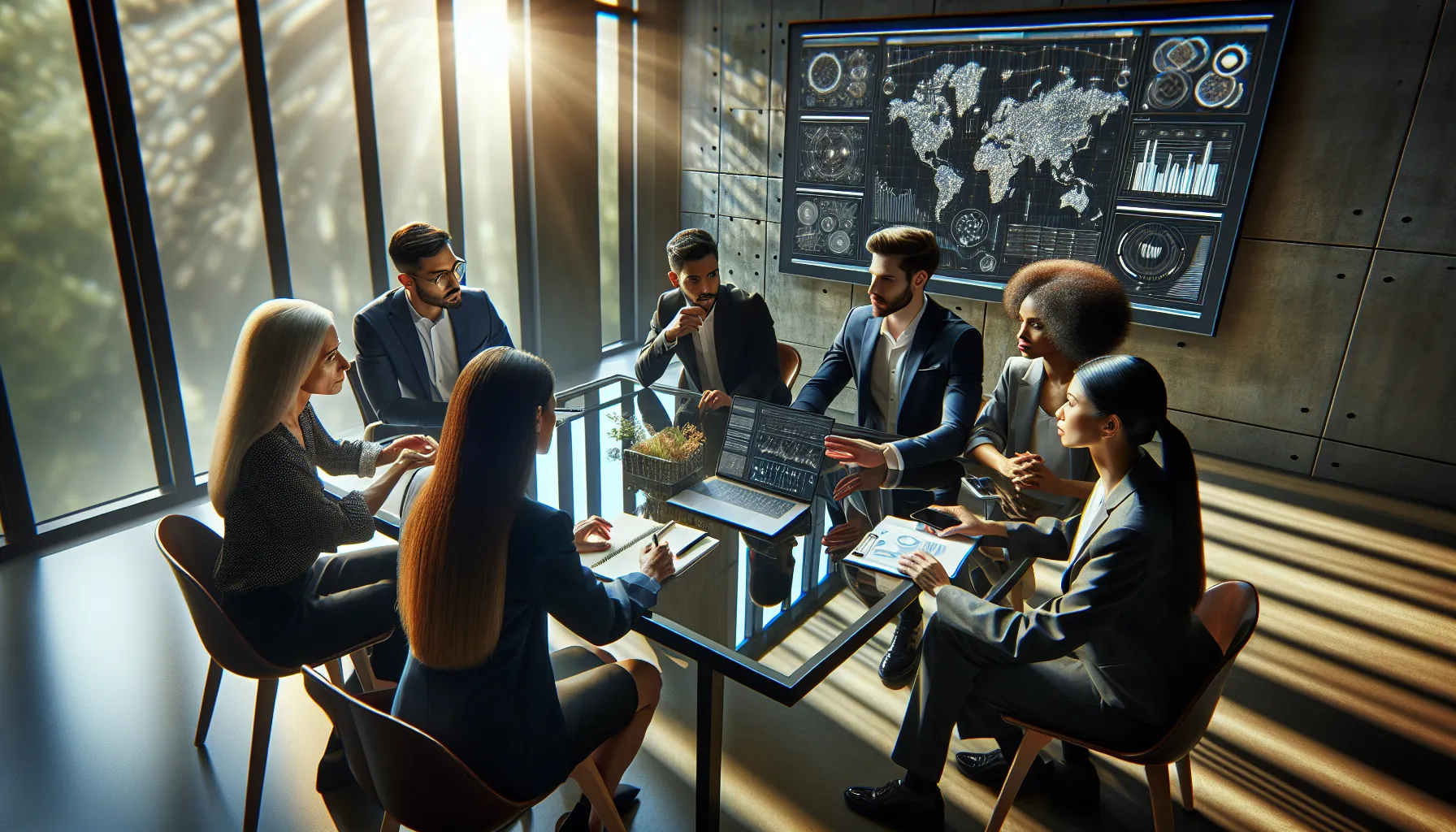 diverse team discussing data management strategies in a modern office.