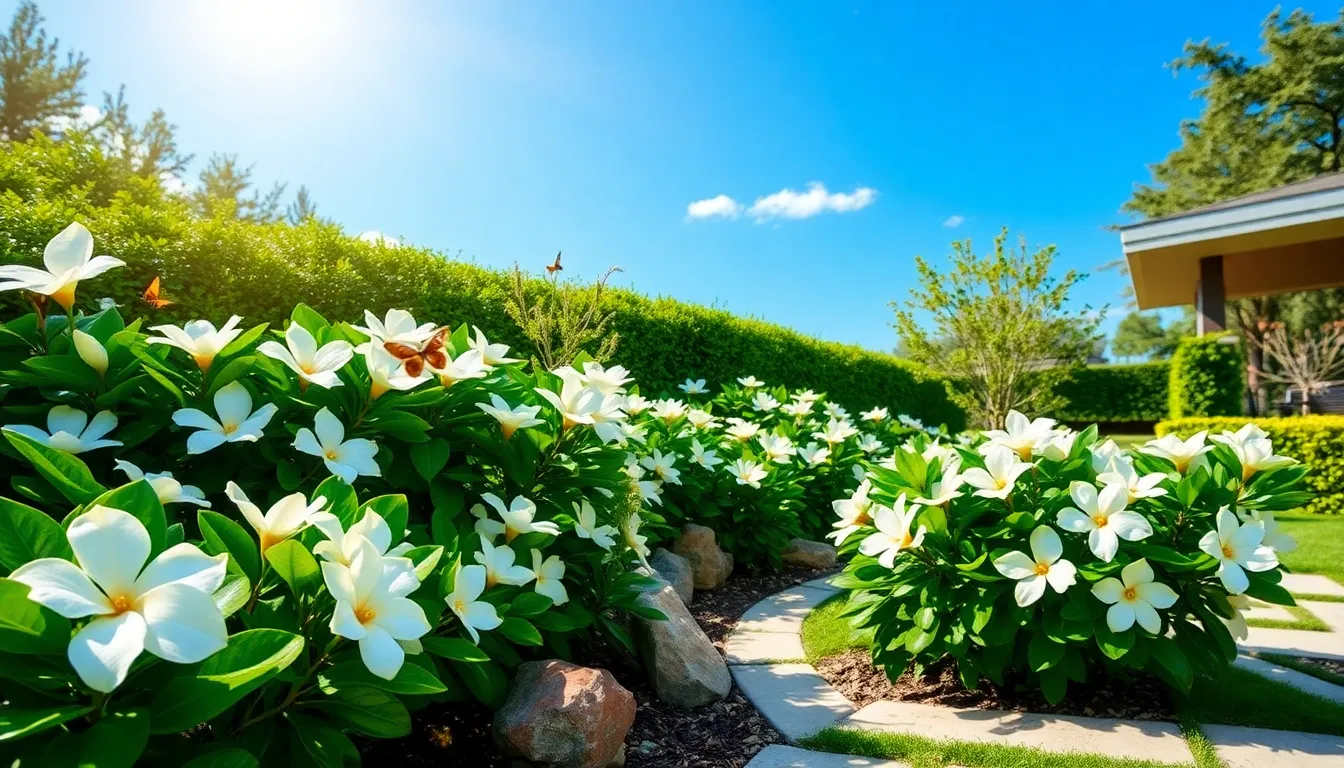 a well-landscaped garden featuring blooming gardenias and pollinators.
