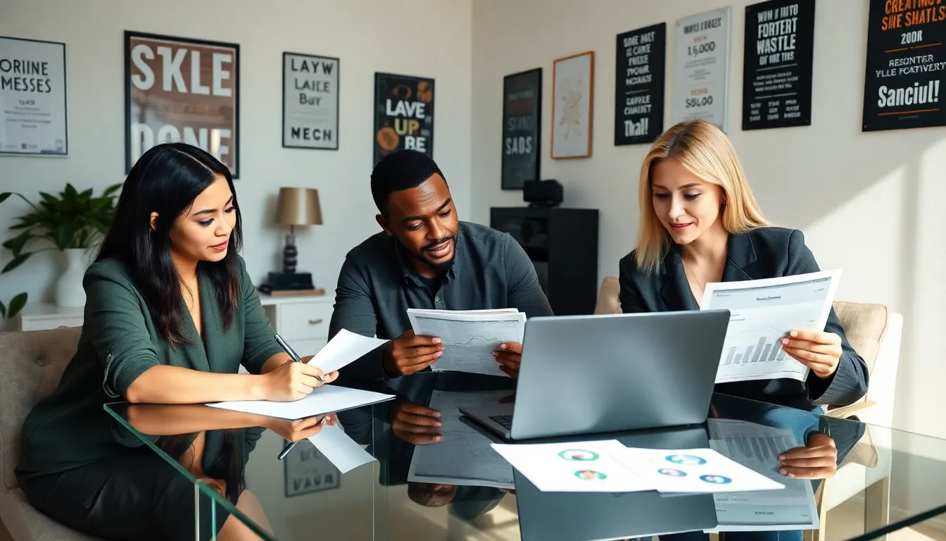 diverse professionals brainstorming side hustle ideas in a modern office.