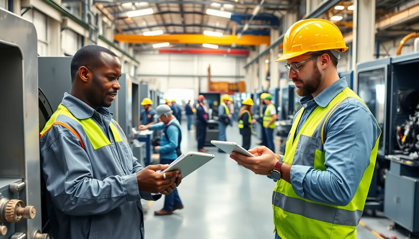diverse team performing preventive maintenance in an industrial workshop.