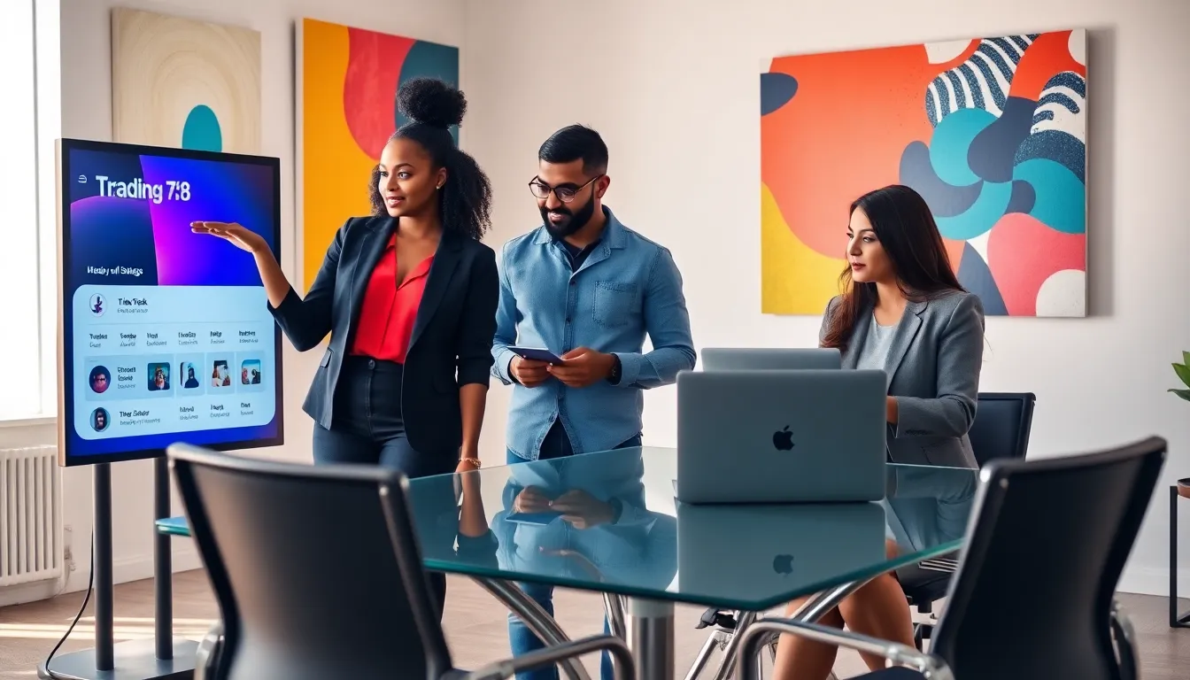 professionals discussing trending TikTok hashtags in a modern office.