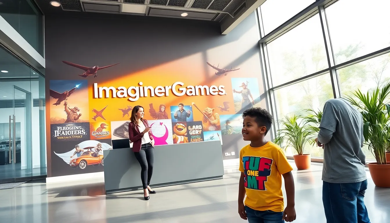 a welcoming office lobby of ImagineerGames with game artwork and friendly interactions.