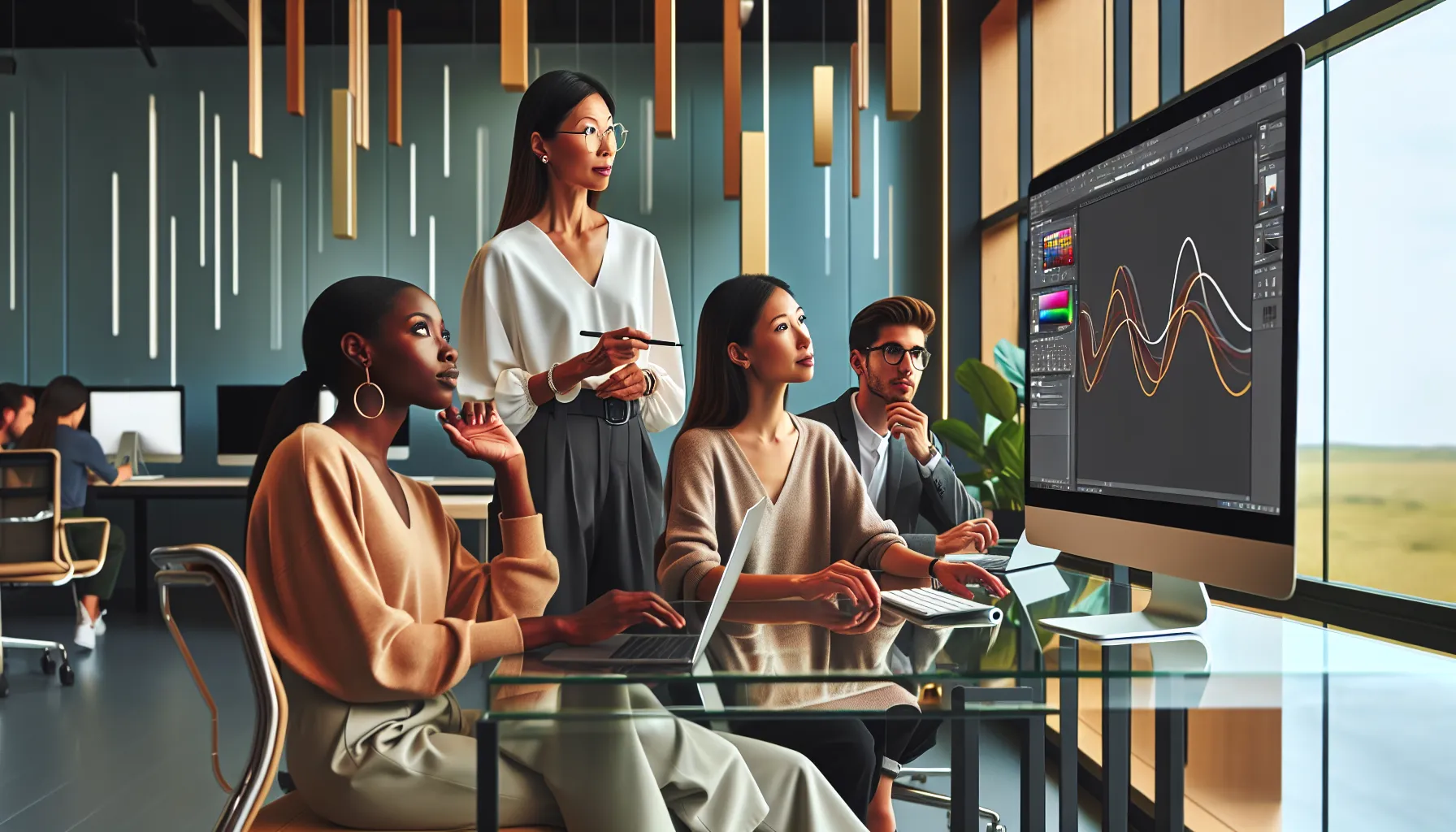 diverse instructors teaching a Photoshop course in a modern classroom.